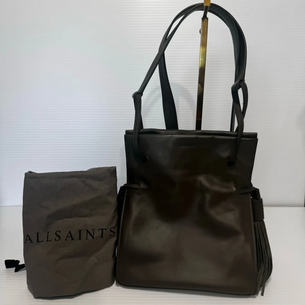 All Saints Freedom Dark Gray Mini Tassel Bucket Bag - Picture 2 of 16